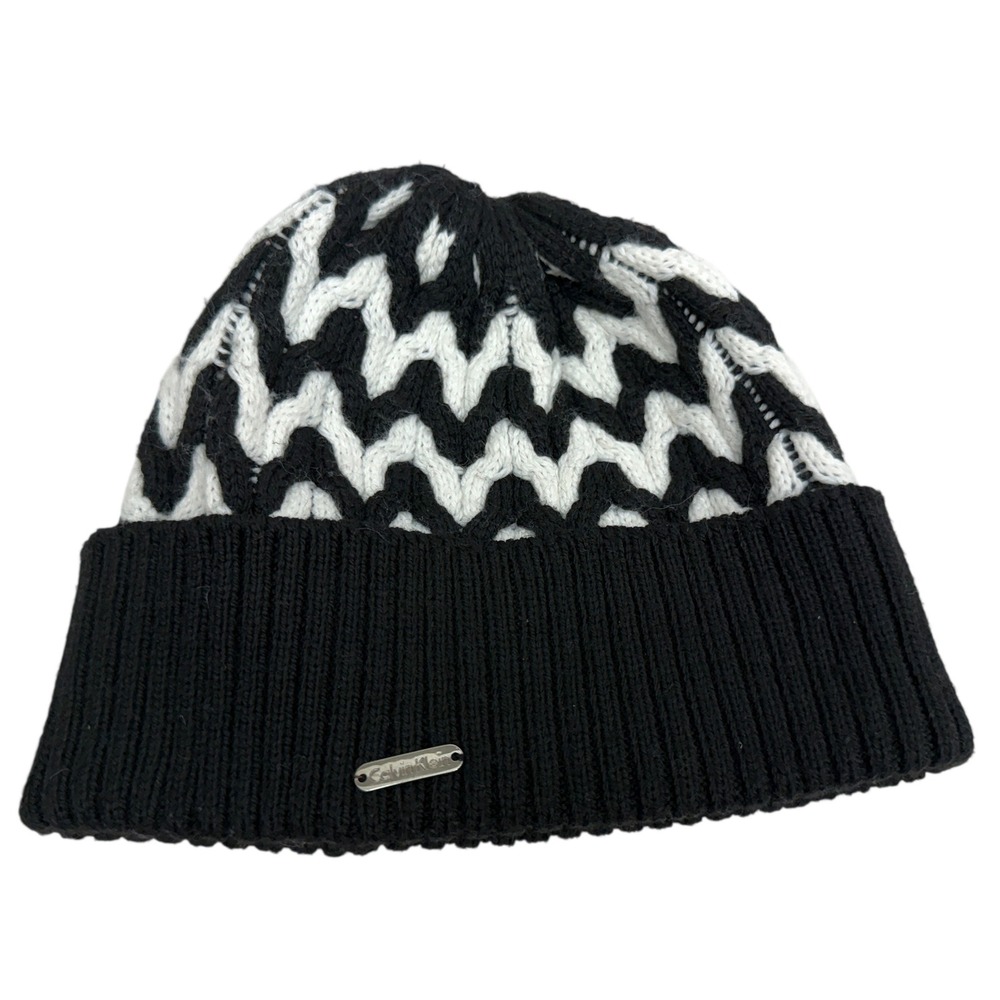Calvin Klein Women Knit Beanie Hat Black White Chevron Ribbed Cuffed Cozy Winter